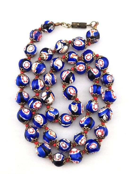 Unknown Jewelry - Vintage Cobalt Blue Millefiori Glass Bead Necklace 22" Hand Knotted Floral